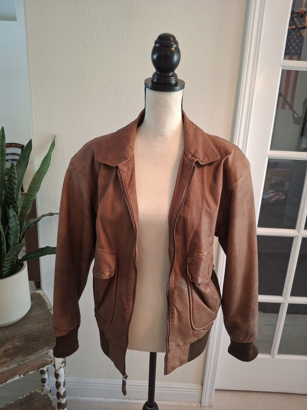 Chestnut Leather Bomber Jacket Worn Weathered